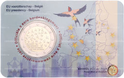 Монета 2 евро 2024 года Бельгия Председательство Бельгии в Европейском Союзе (текст на лицевой стороне блистера на фламандском и английском)