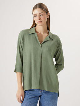 G?mlek Yaka Dokulu Oversize Kad?n Bluz