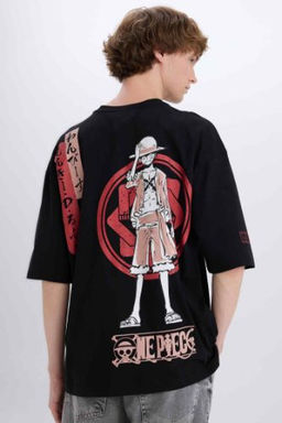 One Piece Loose Fit Bisiklet Yaka S?rt Bask?l? K?sa Kollu Tisort