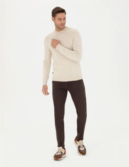 Krem Melanj Slim Fit Yar_m Bal_k__ Yaka Basic Triko Kazak