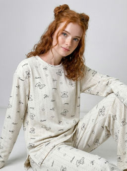 Пижама из велюра с принтом мишки с резинкой в комплекте OD-1009-3 молочный