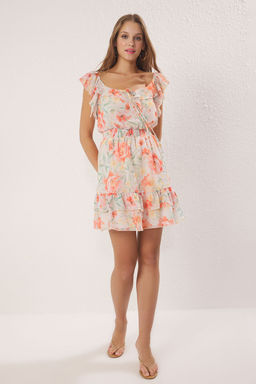 Turuncu Cicekli Etegi Belden Ac?lan F?rf?rl? Mini Astarl? Sifon Dokuma Elbise TWOSS25EL00709