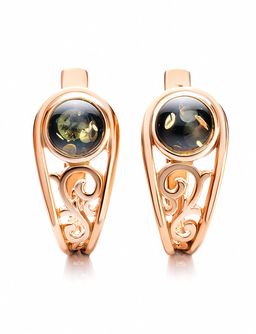 Красивые позолоченные серьги с зелёным янтарём Шахерезада