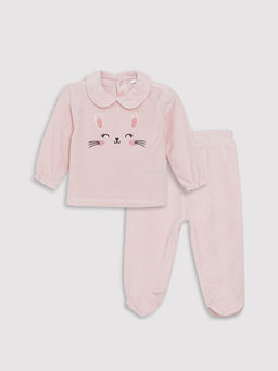 Bebe Yaka Uzun Kollu Nak?? Detayl? K?z Bebek Sweatshirt ve Pantolon 2li Tak?m