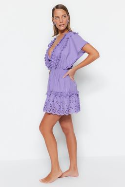 TRENDYOLMILLA Siyah Dokuma %100 Pamuk Brode Detayl? Mini Plaj Elbisesi TBESS21EL1248 фото 21