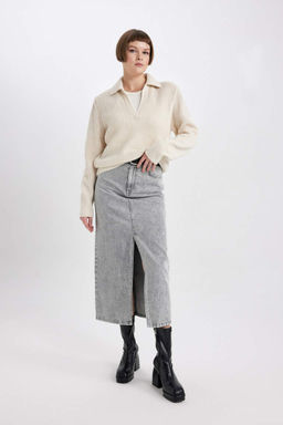 Кружевной свитер с воротником поло и расслабленным кроем - Defacto фото 2