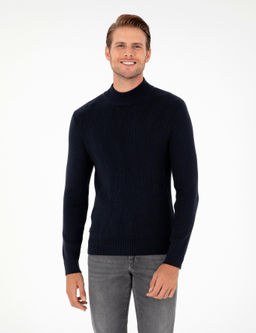 Lacivert Slim Fit Yar_m Bal_k__ Yaka Y_n Kar___ml_ Triko Kazak