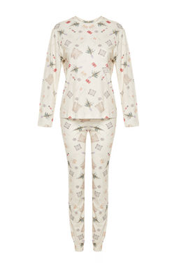 Trendyolmilla Krem %100 Pamuklu K?s Temal? Orme Pijama Tak?m? THMAW24PT00118