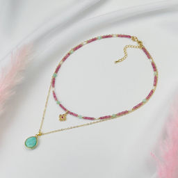 Колье двойное из розового Турмалина,Амазонита и Жемчуга