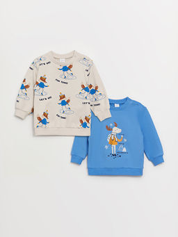 Bisiklet Yaka Bask?l? Uzun Kollu Erkek Bebek Sweatshirt 2li
