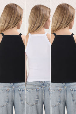 Siyah-Siyah-Beyaz Halter Yaka 3lu Paket Orme Atlet TWOSS25AL00056