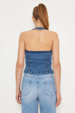 Trendyolmilla Ac?k Mavi Onu Fermuarl? Halter Yaka Fitted Denim Bluz TWOSS25BZ00068