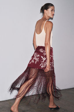 EMBROIDERED FRINGED WRAP SKIRT - Zara фото 3