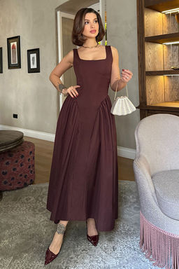 Kahverengi A-Kesim Poplin Dokuma S?k Elbise TPRSS25EL00158