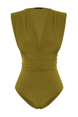 Yesil Baglama Detayl? V Yaka Fitted/Vucuda Oturan Esnek C?tc?tl? Orme Body TWOSS23BD00055