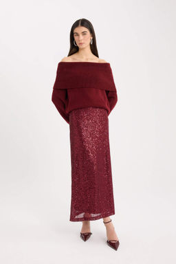 Y?lbas? Temal? A Kesim Normal Bel Payetli Kumas Maxi Etek - Defacto фото 2