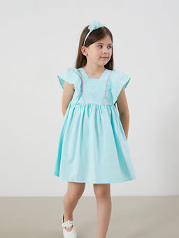 Kare Yaka Keten G?r?n?ml? K?z ?ocuk Elbise
