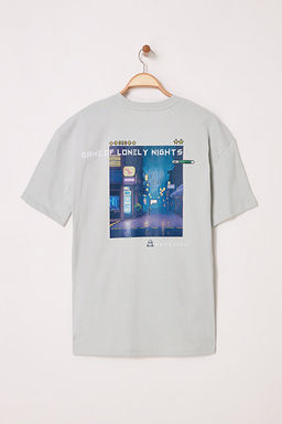 Gri Oversize/Geni_ Kesim Bisiklet Yaka K_sa Kol Game Over Bask_l_ T-Shirt TMNSS23TS00247