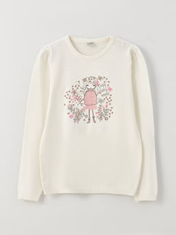 Bisiklet Yaka Bask?l? Uzun Kollu K?z ?ocuk Triko Kazak