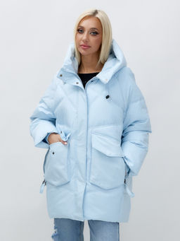 Куртка летучая мышь женская с капюшоном зимняя голубого цвета 9617Gl