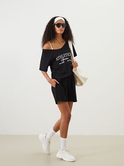 Bisiklet Yaka Bask?l? Crop Kad?n Spor Ti??rt