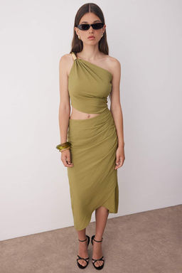 Haki Bel Cut Out/Pencere Detayl? Dokuma Midi Elbise TWOSS25EL00887 - Trendyolmilla фото 5