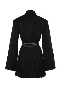 Trendyolmilla X Sagaza Studio Siyah Belden Ac?lan/Skater Beli Lastikli Piliseli Poplin Elbise TCLAW24EL00000