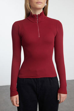 Bordo Fitted/vucuda Oturan Fermuarl? Yaka Esnek Orme Bluz TWOAW25BZ00163