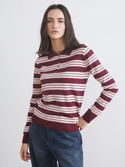 Polo Yaka ?izgili Kad?n Triko Kazak