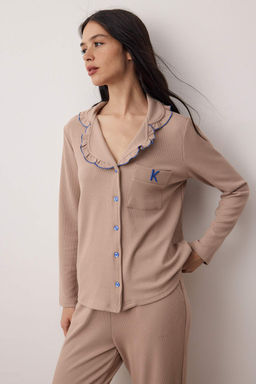 Bej Pamuklu F?rf?rl? Nak?sl? Fitilli Orme Pijama Tak?m? THMAW26PT00224 - Trendyolmilla фото 2