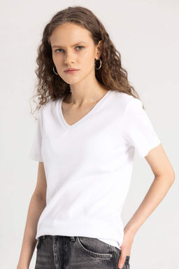 Slim Fit Dar Kesim V Yaka Ribana Basic Duz %100 Pamuk K?sa Kollu Tisort - Defacto фото 8