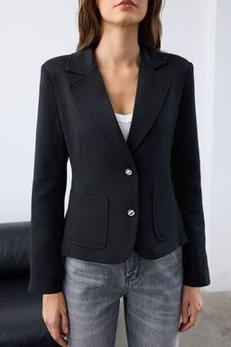 Siyah Aksesuar Dugmeli Cepli Fitted/Bele Oturan Dokuma Blazer Ceket TWOAW26BC00007