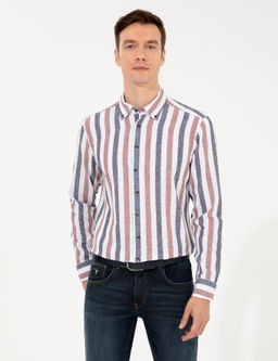 Рубашка узкого кроя с длинным рукавом из смесового льна темно-синего цвета - Cacharel фото 10