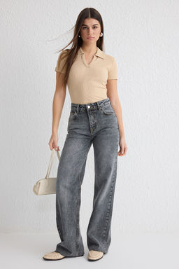Ac?k Mavi Pacas? Kesikli Normal Bel Wide Leg Jeans TWOSS25JE00064 - Trendyolmilla фото 6