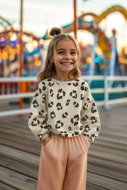 Bej K?z Cocuk Mevsimlik-Ince Leopar Desenli Orme Sweatshirt TKDAW25SW00001