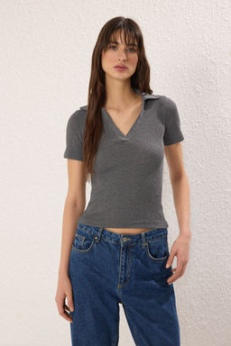 Trendyolmilla Siyah-Antrasit-Ekru 3lu Paket Fitilli Esnek Orme Bluz TWOSS25BZ00441