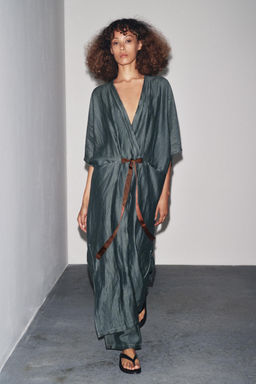 LINEN BLEND DRESS WITH CONTRAST TIE