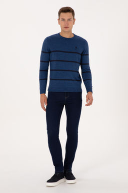 Erkek Slim Fit Bisiklet Yaka _izgili A__k Lacivert Kazak - U.s. polo assn фото 4