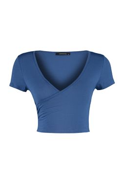Trendyolmilla Siyah Fitted/Vucuda Oturan Kruvaze Yaka Crop Viskoz Esnek Orme Bluz TWOSS22BZ0536  фото 7