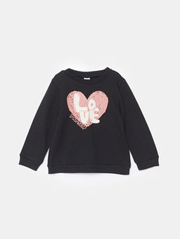 Bisiklet Yaka Bask?l? K?z ?ocuk Sweatshirt ve E?ofman Alt 2li