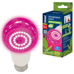LED-A60-15W/SPSB/E27/CL PLP30WH Лампа светодиодная для растений. Форма "A", прозрачная. Спектр для рассады и цветения. Картон. ТМ Uniel