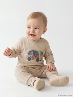 Erkek Bebek Bask?l? Uzun Kollu Tulum