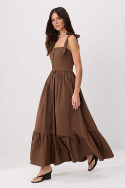 Kahverengi Kal_n Ba_c_k Ask_l_ Skater/Belden A__lan Maxi Dokuma Elbise TWOSS26EL00863