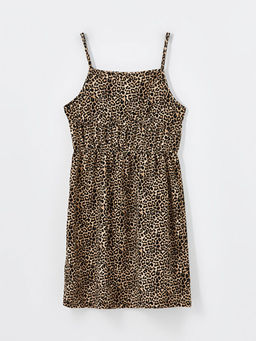 Kare Yaka Leopar Desenli K?z ?ocuk Elbise