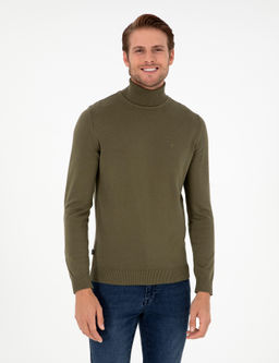 Koyu Haki Slim Fit Bal_k__ Yaka Basic Triko Kazak