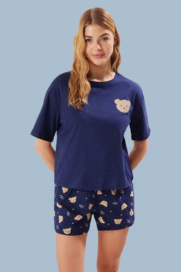Trendyolmilla Lacivert %100 Pamuklu Ay?c?kl? Kalpli Sortlu Orme Pijama Tak?m? THMSS25PT00064