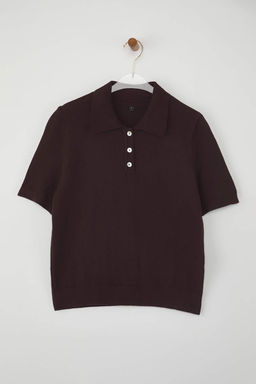 Kahverengi Polo Yaka Premium Iplik / Ozel Iplik Triko Ince Bluz TWOSS25BZ00184