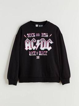 Bisiklet Yaka AC/DC Bask?l? K?z ?ocuk Sweatshirt