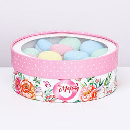 Коробка для макарун тубус с окном  8 Марта с розами  21?21?7 см