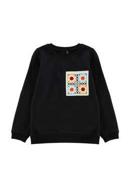 Siyah K?z Cocuk Bask?l? Pamuklu Orme Sweatshirt TKDAW25SW00011